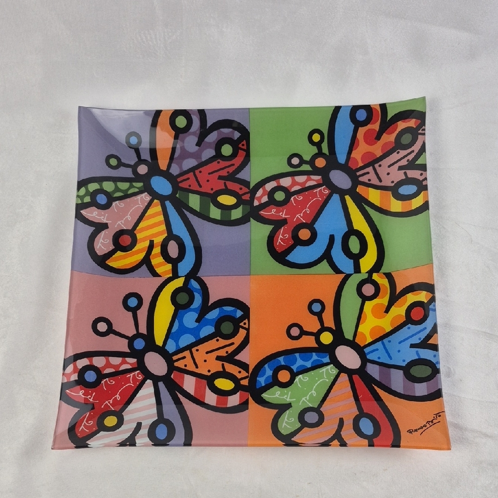 Romero Britto Butterfly Design Painted Glass Plate 12" x 12"  - Read Description